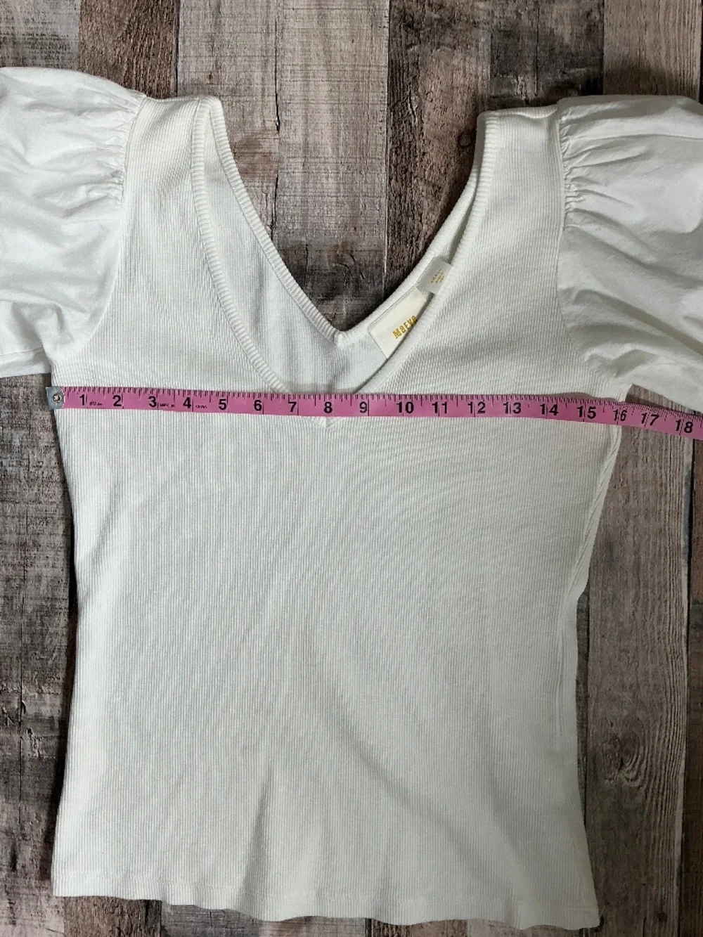 Anthropologie Maeve White Ribbed Cotton Knit V Neck Puff Sleeve Bow Top SZ S